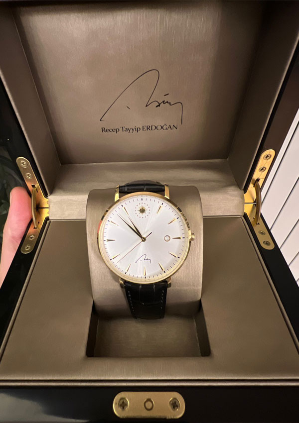 saeid_katoei_homepage_28 Gold-trimmed watch in a presentation box signed “Recep Tayyip Erdoğan,” a gift to bespoke tailor Saeid Katouei.